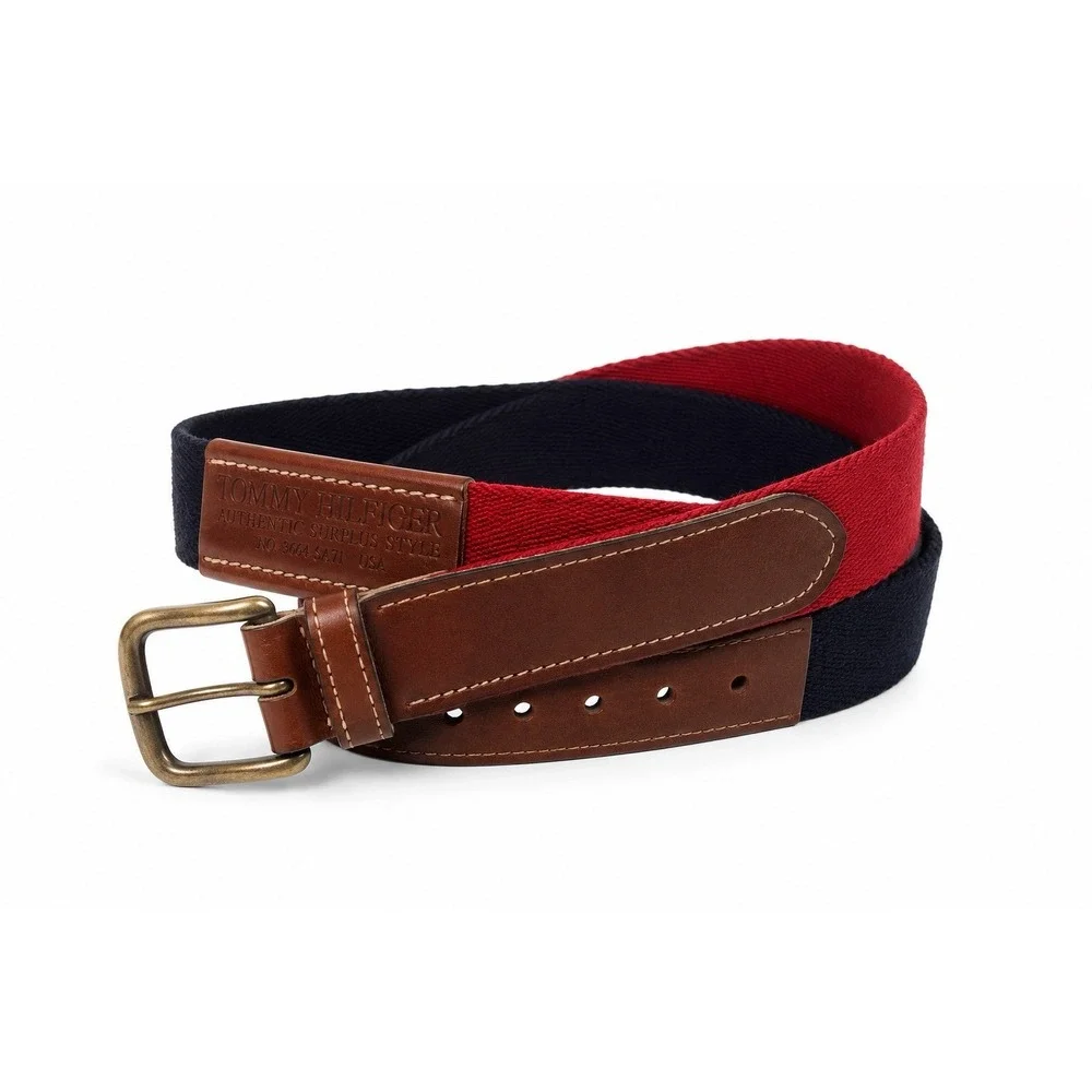 Vintage Tommy Hilfiger Leather Canvas 2-Tone Belt Blue Red USA Mens 32 Surplus